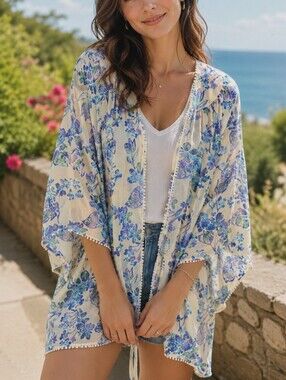 Forever 21 Cream Floral Kimono Blue Lavender Print Open Front Boho Beachy
